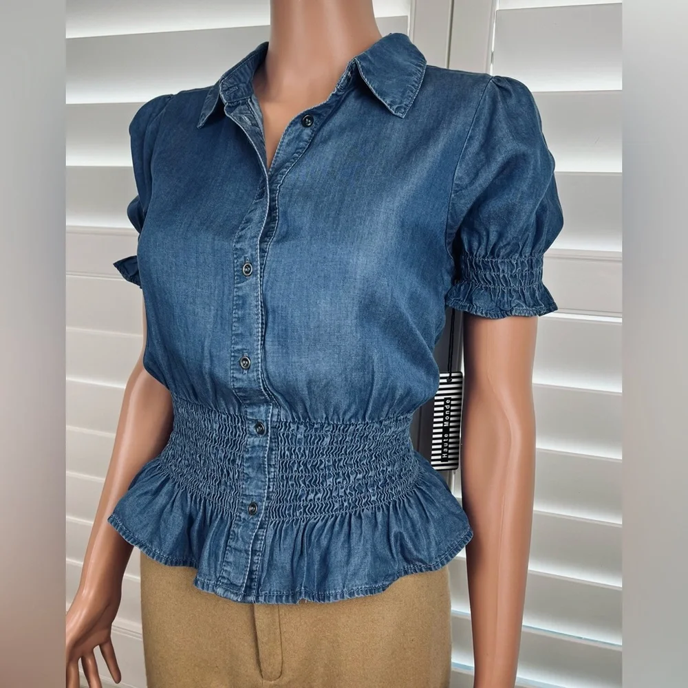 NWT- Chambray Smocked Blouse Sz S by Haute Monde - Picture 2 of 8